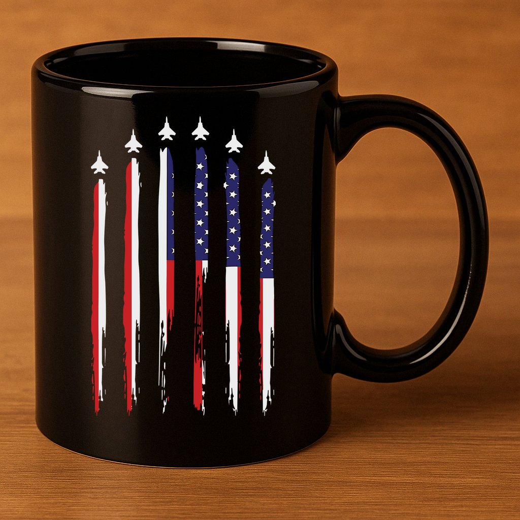 USA Airplane Jet Fighter 4th American Flag Of July Patriotic 11oz C Handle Ceramic Mug