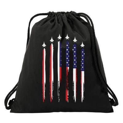 USA Airplane Jet Fighter 4th American Flag Of July Patriotic Drawstring Bag
