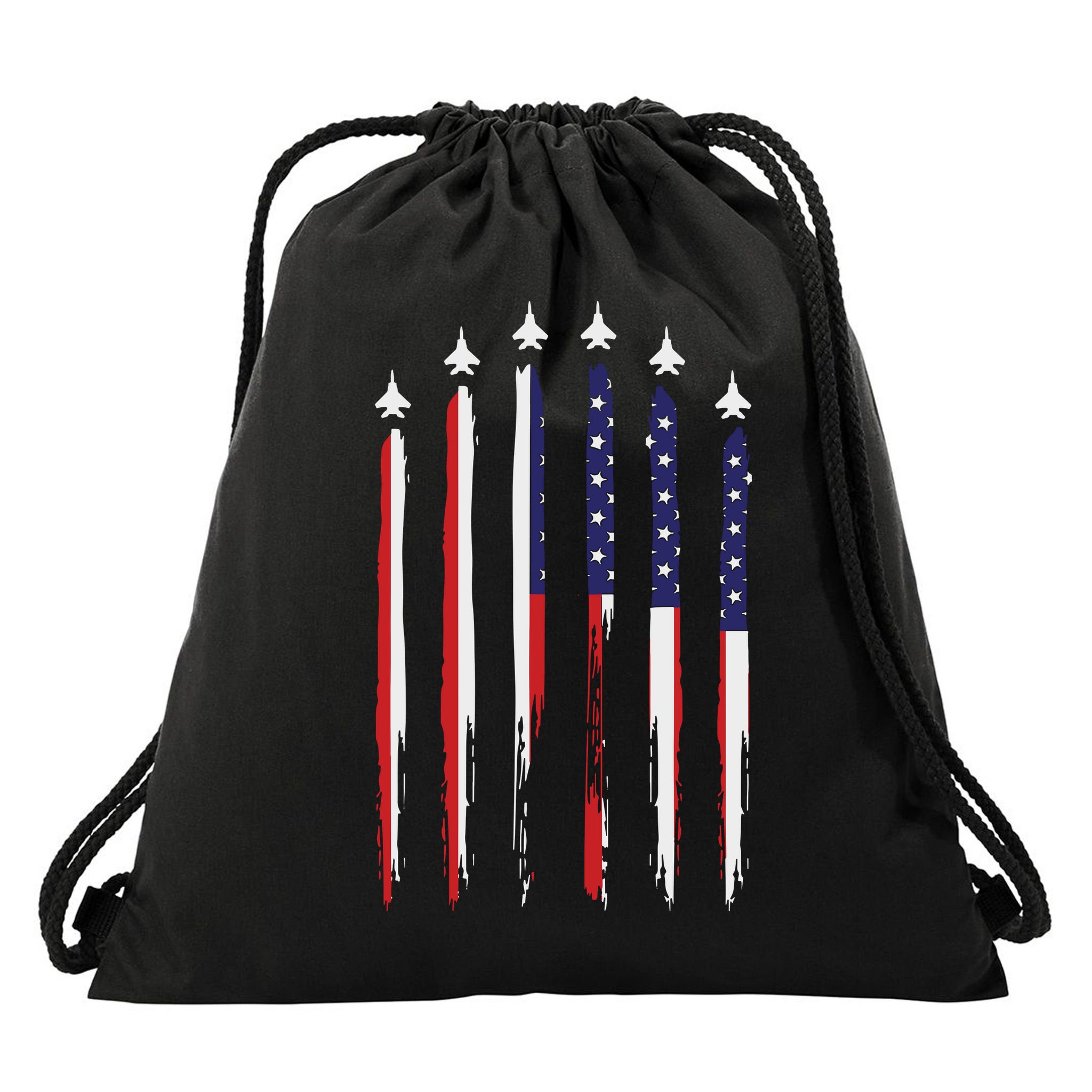 USA Airplane Jet Fighter 4th American Flag Of July Patriotic Drawstring Bag
