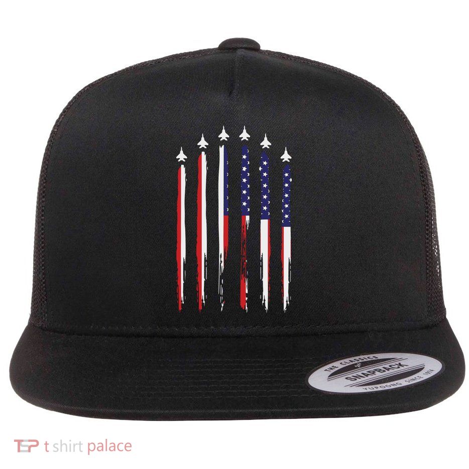 USA Airplane Jet Fighter 4th American Flag Of July Patriotic Flatbill Hat