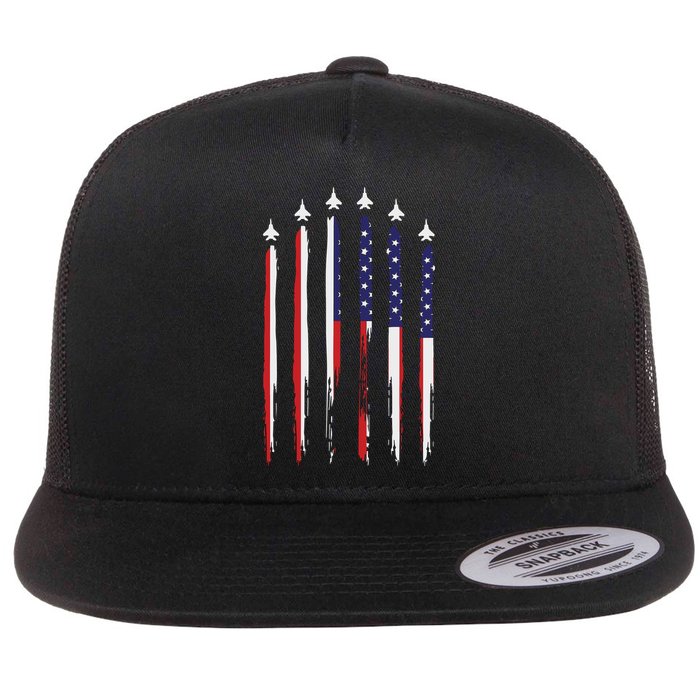 USA Airplane Jet Fighter 4th American Flag Of July Patriotic Flat Bill Trucker Hat