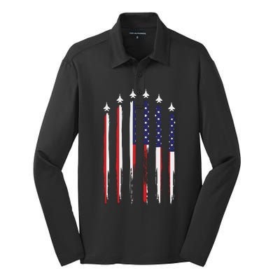 USA Airplane Jet Fighter 4th American Flag Of July Patriotic Silk Touch Performance Long Sleeve Polo