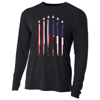 USA Airplane Jet Fighter 4th American Flag Of July Patriotic Cooling Performance Long Sleeve Crew