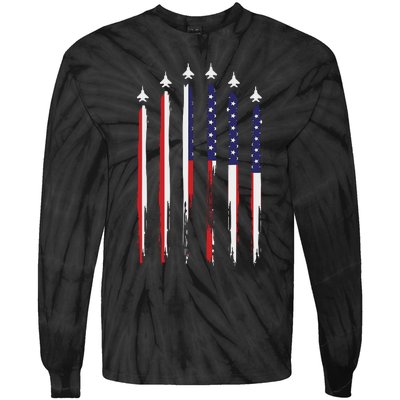 USA Airplane Jet Fighter 4th American Flag Of July Patriotic Tie-Dye Long Sleeve Shirt