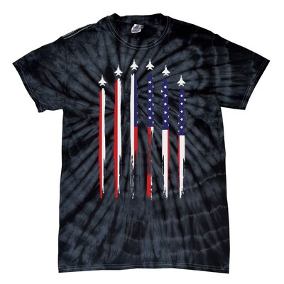 USA Airplane Jet Fighter 4th American Flag Of July Patriotic Tie-Dye T-Shirt