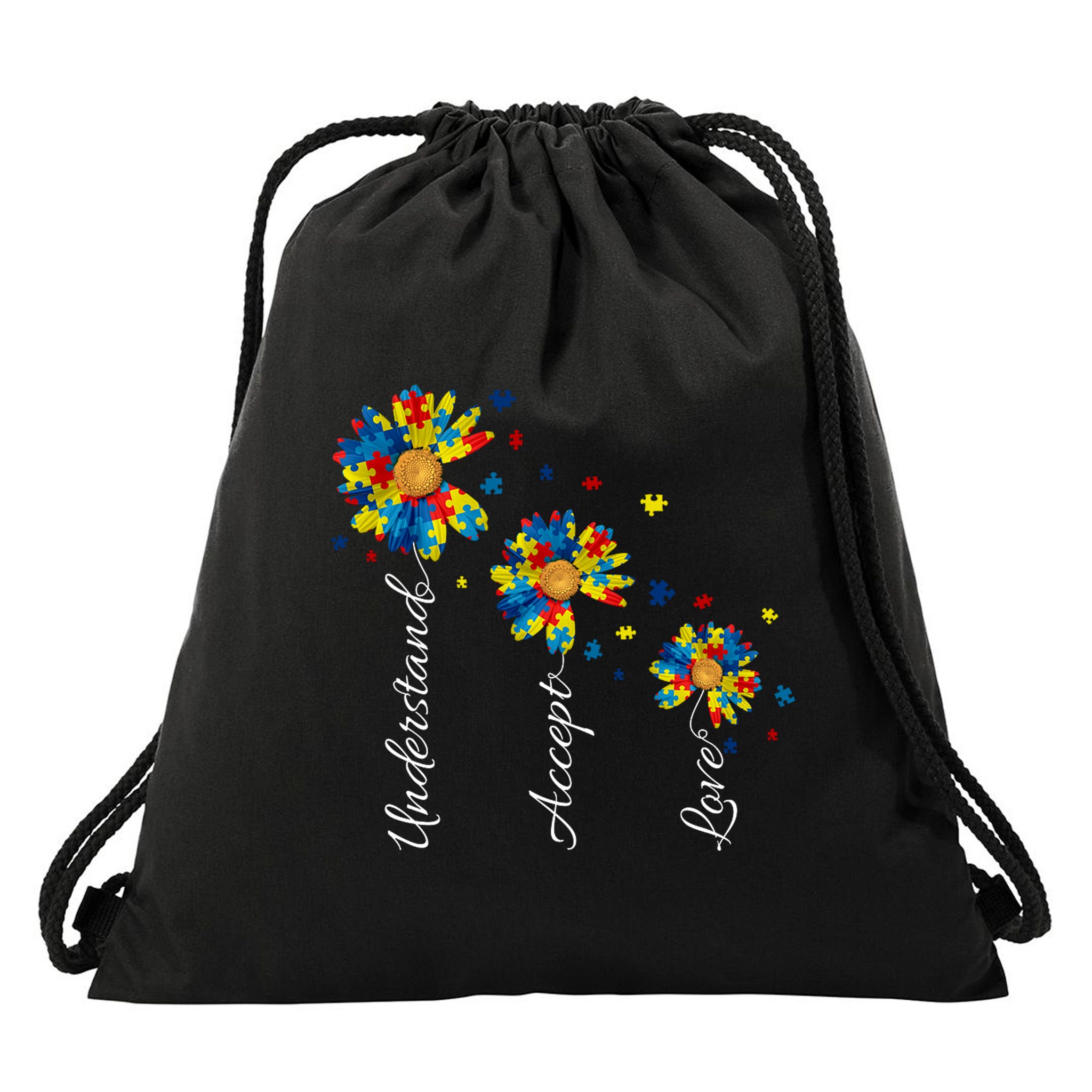 Understand Accept Love Autism Sunflower Drawstring Bag