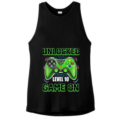 Unlocked Awesome Level 10 Game On Happy 10th Birthday Boy Ladies PosiCharge Tri-Blend Wicking Tank