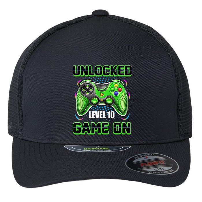 Unlocked Awesome Level 10 Game On Happy 10th Birthday Boy Flexfit Unipanel Trucker Cap