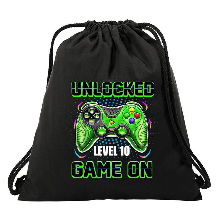 Unlocked Awesome Level 10 Game On Happy 10th Birthday Boy Drawstring Bag