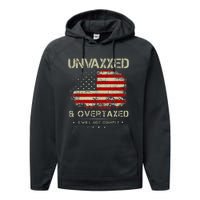 Unvaxxed And Overtaxed Vintage Distressed Usa Flag Performance Fleece Hoodie