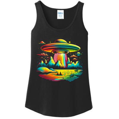 UFO Alien Retro Bright Mountain Lake Camping Visitor Ladies Essential Tank