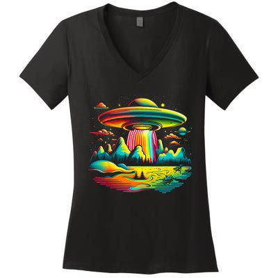 UFO Alien Retro Bright Mountain Lake Camping Visitor Women's V-Neck T-Shirt