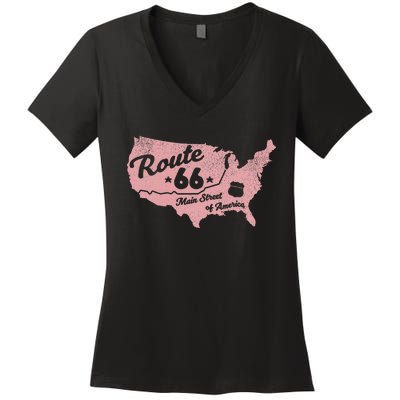 Usa Apparel Route 66 Main Street Of America Women's V-Neck T-Shirt