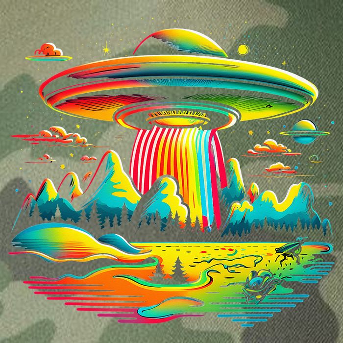 UFO Alien Retro Bright Mountain Lake Camping Visitor Legacy Tie Dye Trucker Hat