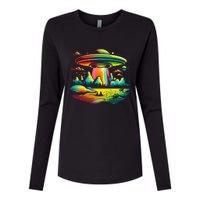 UFO Alien Retro Bright Mountain Lake Camping Visitor Womens Cotton Relaxed Long Sleeve T-Shirt