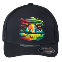 UFO Alien Retro Bright Mountain Lake Camping Visitor Flexfit Unipanel Trucker Cap