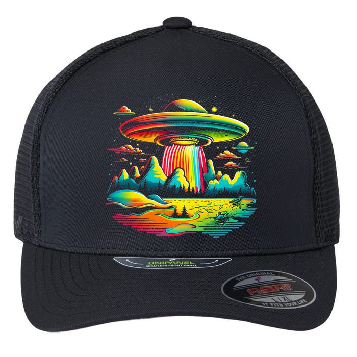 UFO Alien Retro Bright Mountain Lake Camping Visitor Flexfit Unipanel Trucker Cap