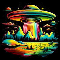 UFO Alien Retro Bright Mountain Lake Camping Visitor Flexfit Unipanel Trucker Cap