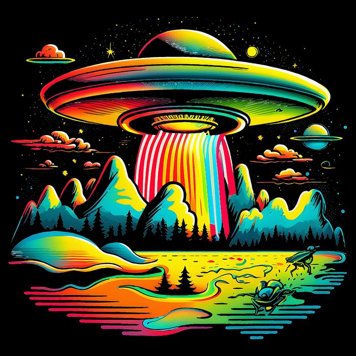 UFO Alien Retro Bright Mountain Lake Camping Visitor Flexfit Unipanel Trucker Cap