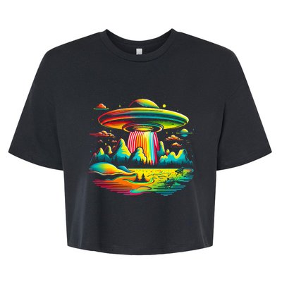 UFO Alien Retro Bright Mountain Lake Camping Visitor Bella+Canvas Jersey Crop Tee