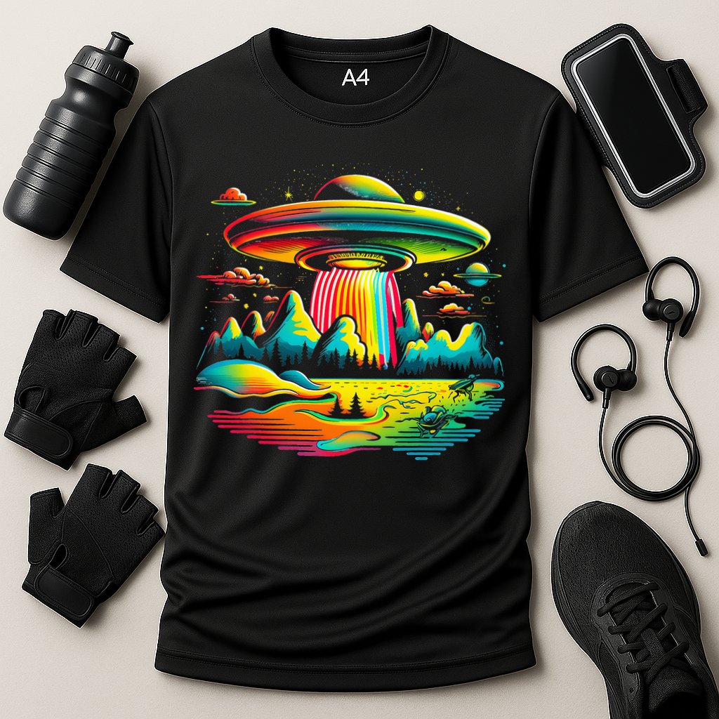 UFO Alien Retro Bright Mountain Lake Camping Visitor Performance Shirt