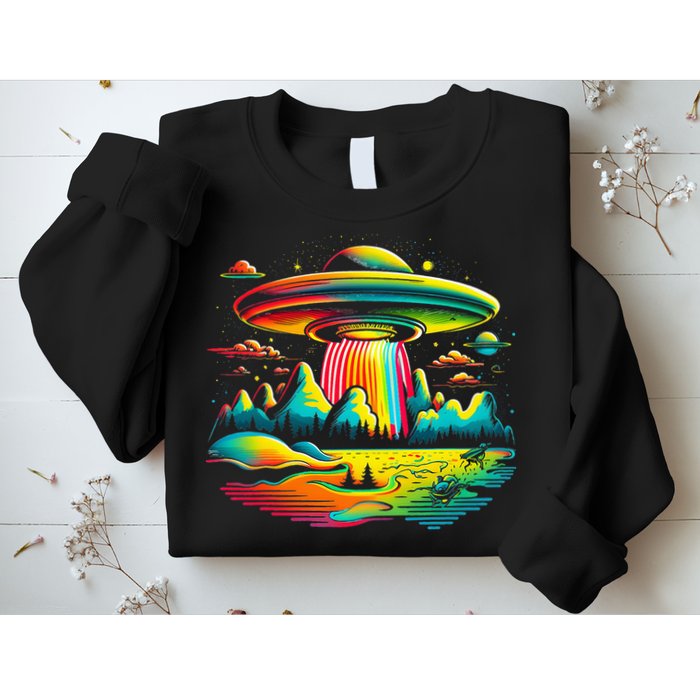 UFO Alien Retro Bright Mountain Lake Camping Visitor Sweatshirt