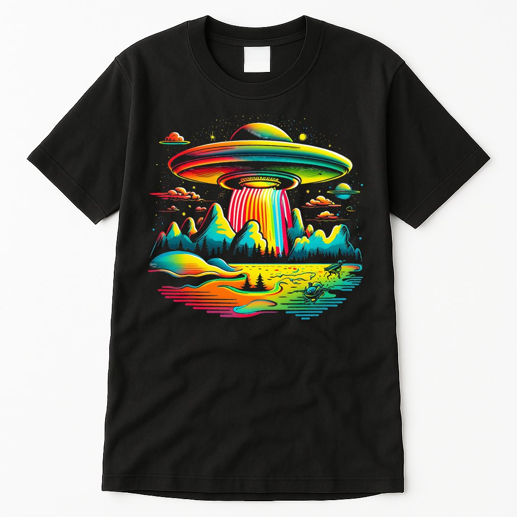 UFO Alien Retro Bright Mountain Lake Camping Visitor Tall T-Shirt