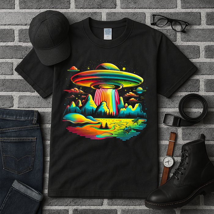 UFO Alien Retro Bright Mountain Lake Camping Visitor Tall T-Shirt