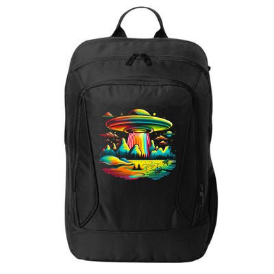 UFO Alien Retro Bright Mountain Lake Camping Visitor City Backpack