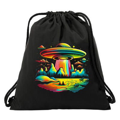 UFO Alien Retro Bright Mountain Lake Camping Visitor Drawstring Bag