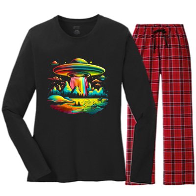 UFO Alien Retro Bright Mountain Lake Camping Visitor Women's Long Sleeve Flannel Pajama Set 