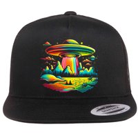 UFO Alien Retro Bright Mountain Lake Camping Visitor Flat Bill Trucker Hat