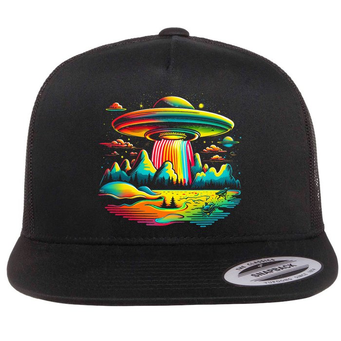 UFO Alien Retro Bright Mountain Lake Camping Visitor Flat Bill Trucker Hat
