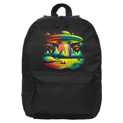UFO Alien Retro Bright Mountain Lake Camping Visitor 16 in Basic Backpack