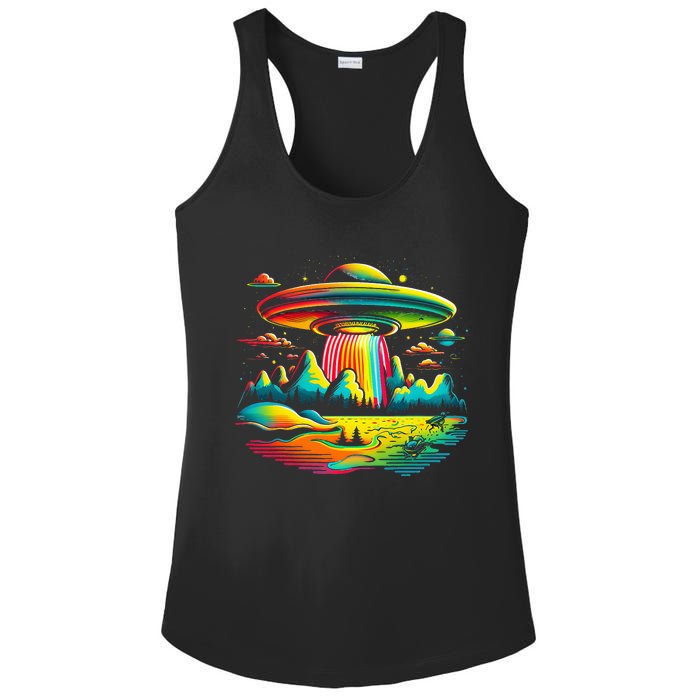 UFO Alien Retro Bright Mountain Lake Camping Visitor Ladies PosiCharge Competitor Racerback Tank