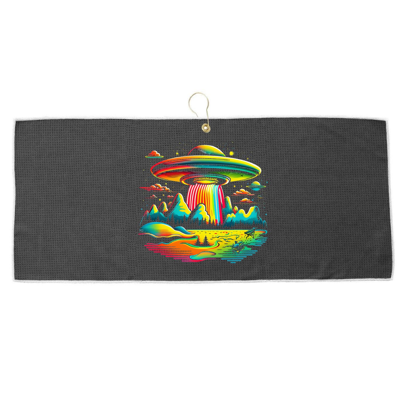 UFO Alien Retro Bright Mountain Lake Camping Visitor Large Microfiber Waffle Golf Towel