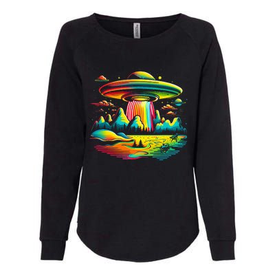 UFO Alien Retro Bright Mountain Lake Camping Visitor Womens California Wash Sweatshirt