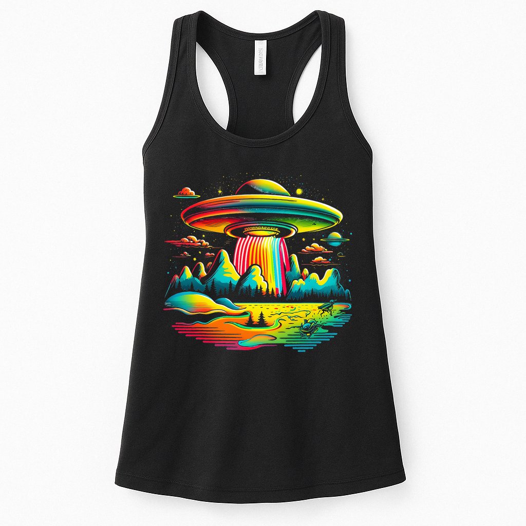 UFO Alien Retro Bright Mountain Lake Camping Visitor Womens Tank Top