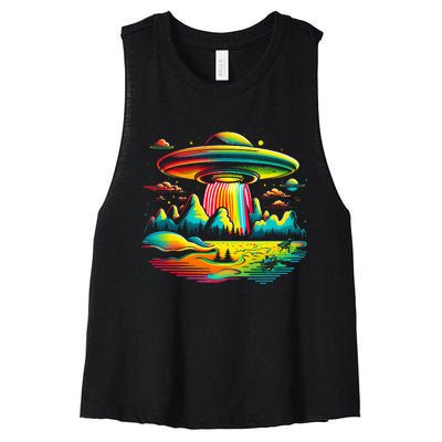 UFO Alien Retro Bright Mountain Lake Camping Visitor Women's Racerback Cropped Tank