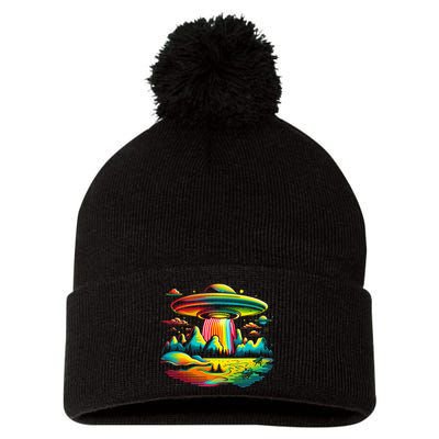 UFO Alien Retro Bright Mountain Lake Camping Visitor Pom Pom 12in Knit Beanie