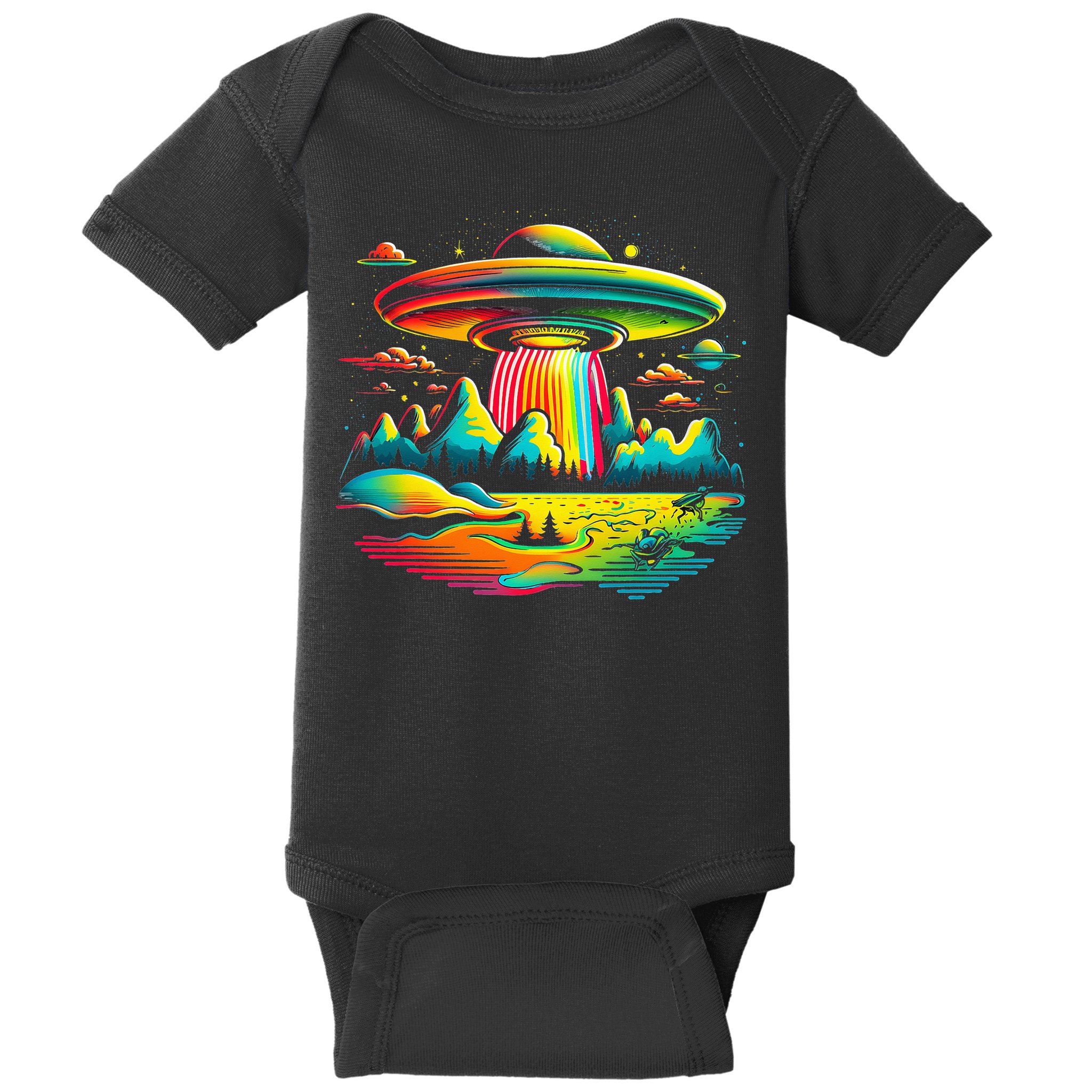 UFO Alien Retro Bright Mountain Lake Camping Visitor Baby Bodysuit