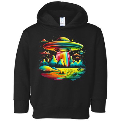 UFO Alien Retro Bright Mountain Lake Camping Visitor Toddler Hoodie
