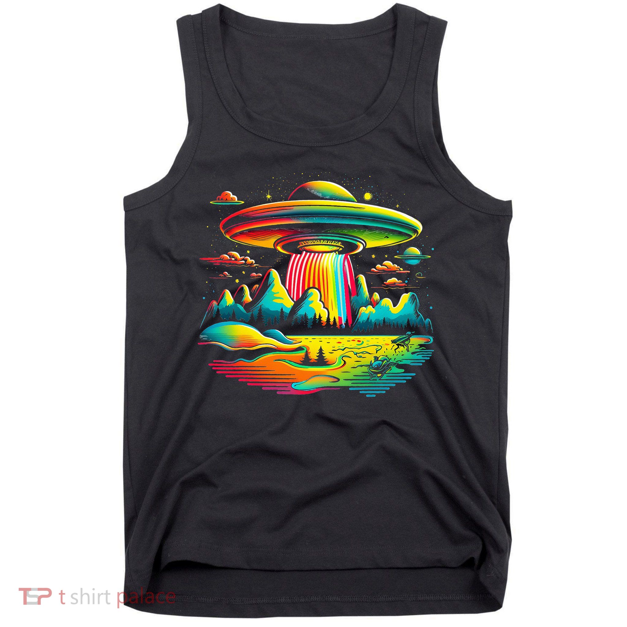 UFO Alien Retro Bright Mountain Lake Camping Visitor Tank Top
