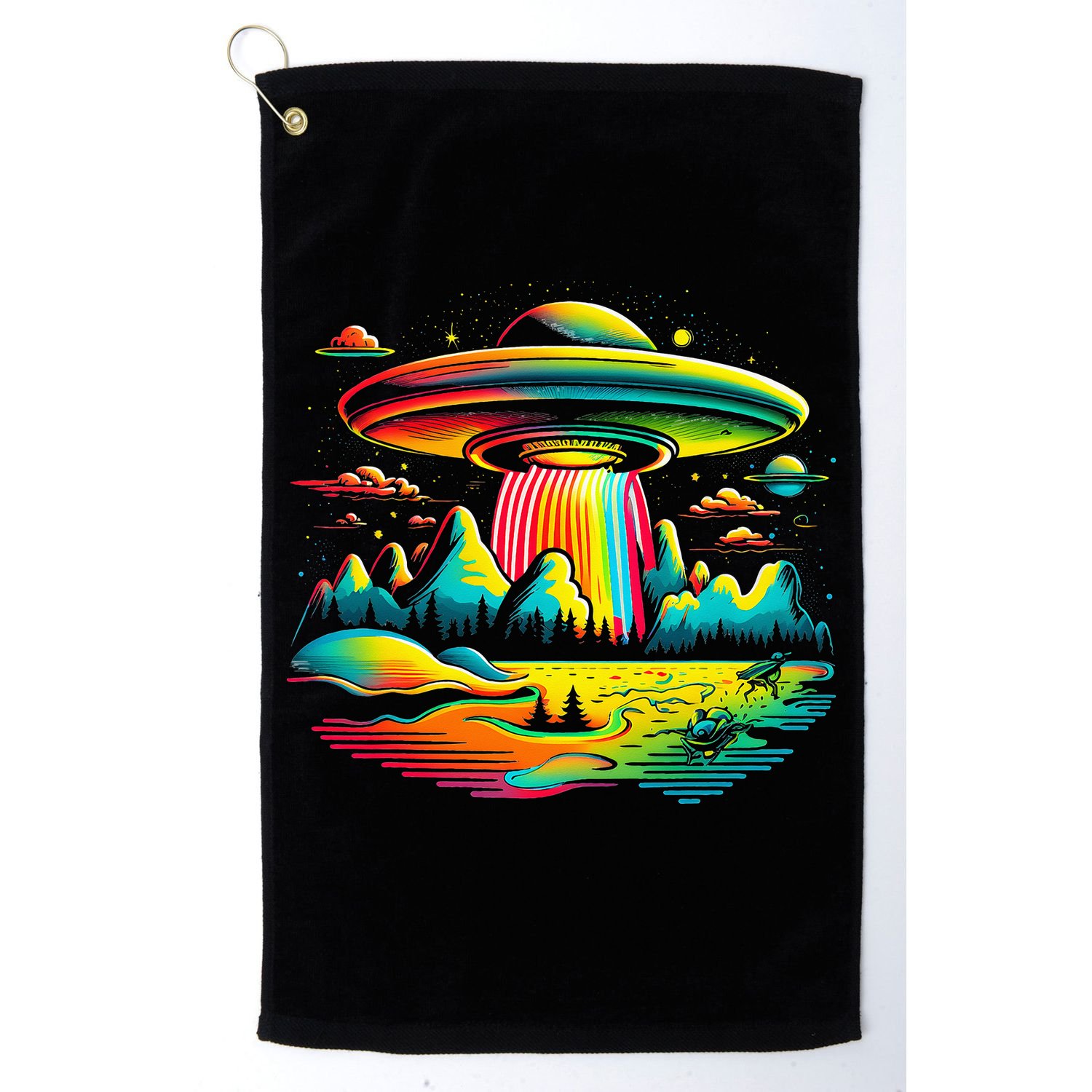 UFO Alien Retro Bright Mountain Lake Camping Visitor Golf Towel