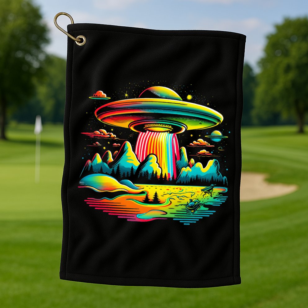 UFO Alien Retro Bright Mountain Lake Camping Visitor Golf Towel