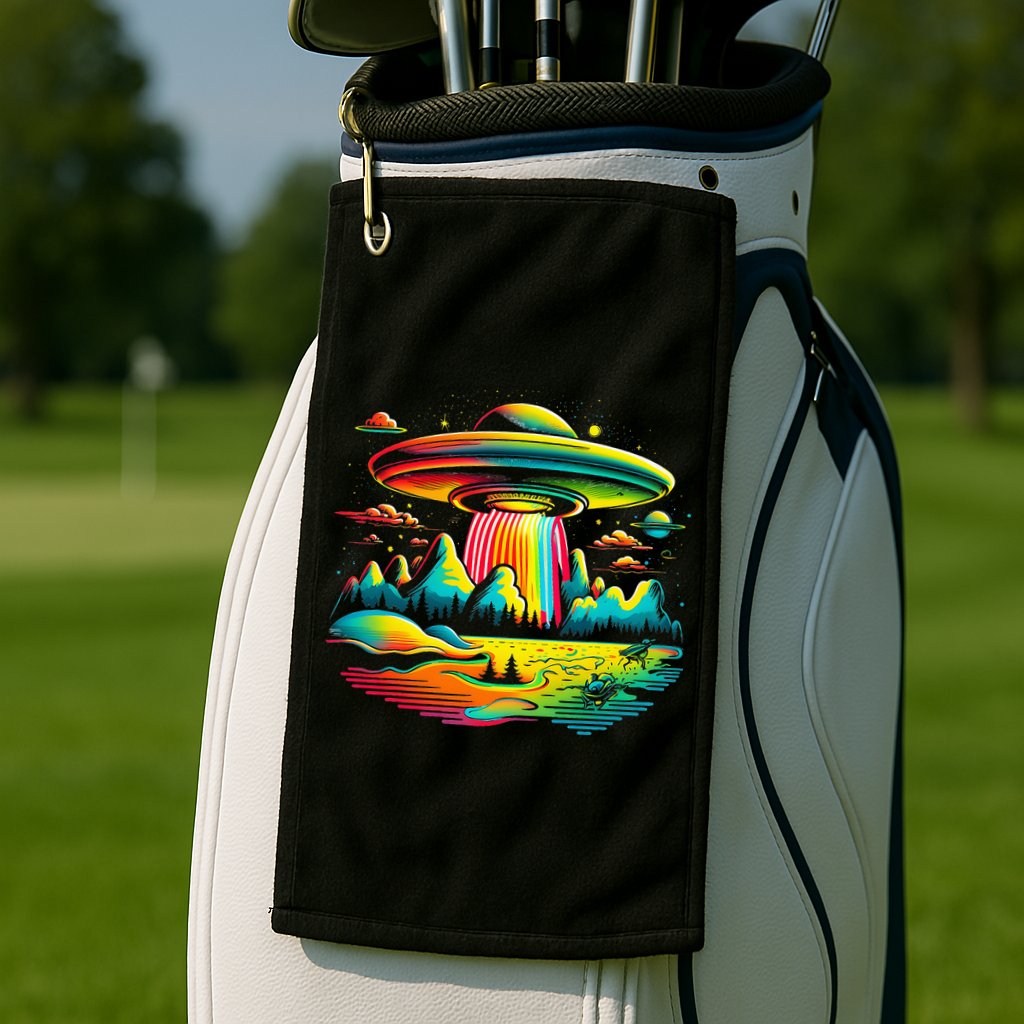 UFO Alien Retro Bright Mountain Lake Camping Visitor Golf Towel
