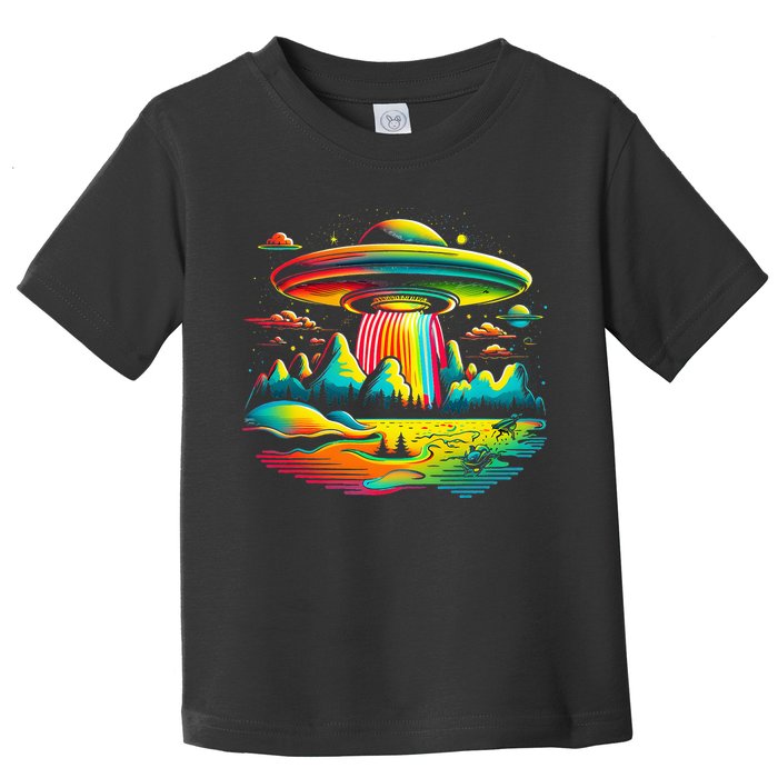 UFO Alien Retro Bright Mountain Lake Camping Visitor Toddler T-Shirt