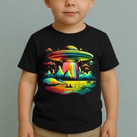 UFO Alien Retro Bright Mountain Lake Camping Visitor Toddler T-Shirt