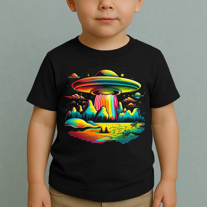 UFO Alien Retro Bright Mountain Lake Camping Visitor Toddler T-Shirt