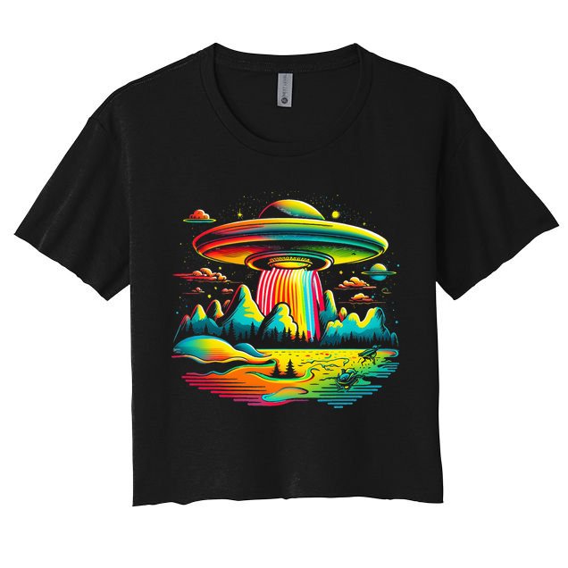 UFO Alien Retro Bright Mountain Lake Camping Visitor Crop Top
